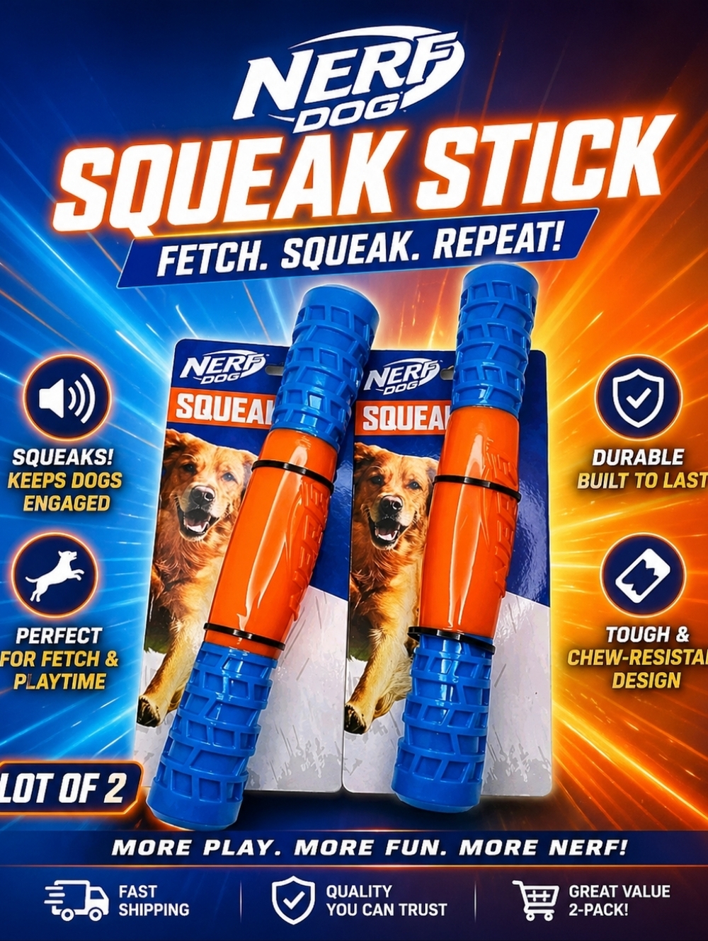 (2) Nerf Dog Blue Orange Squeak Stick Dog Toy Fetch Chew